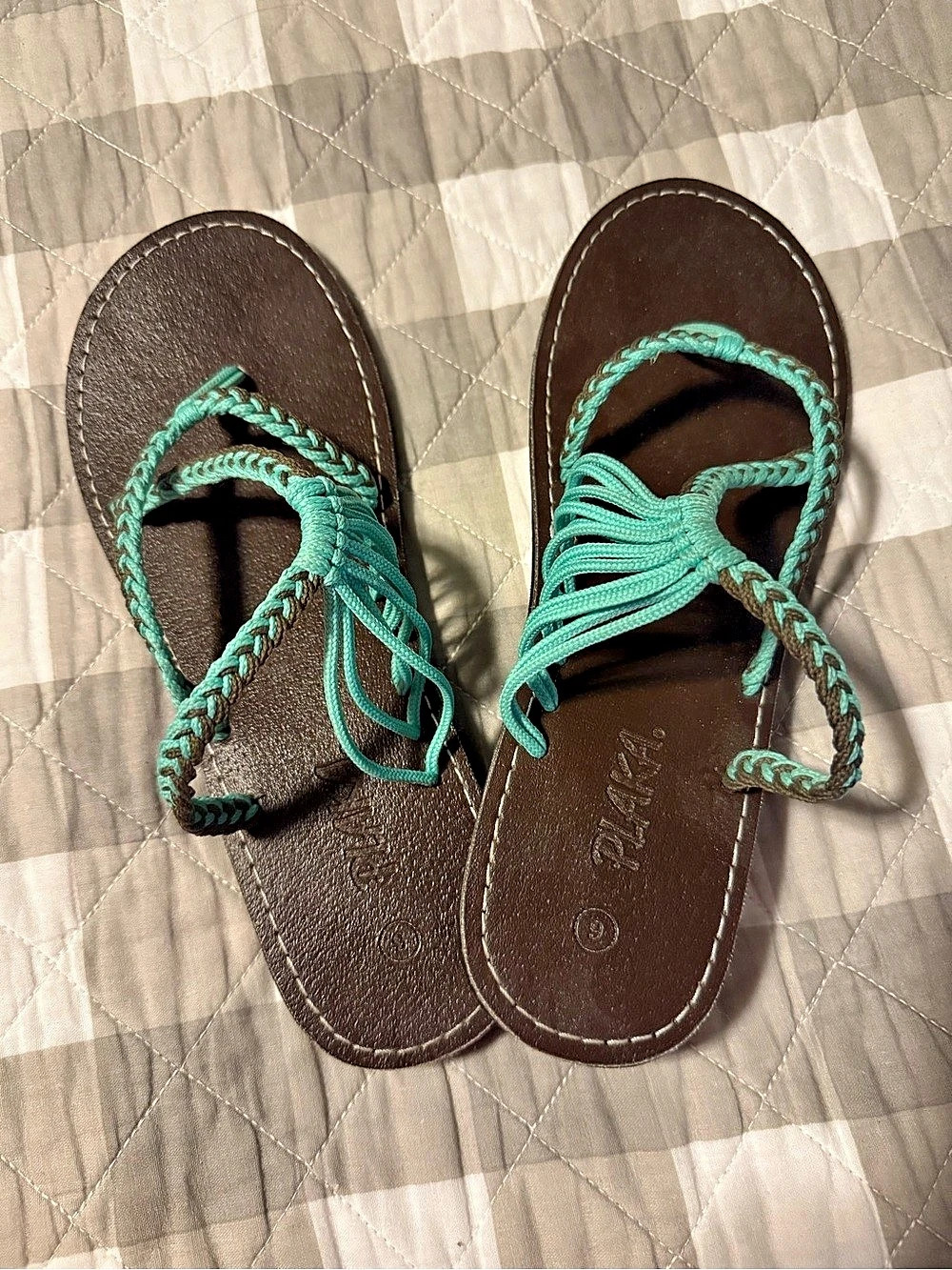 Plaka Palm Leaf Flat Sandals Braided Strap Sandals in Turquoise & Brown